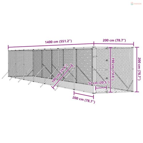 Ezüstszínű kültéri horganyzott acél kutyakennel 2 x 14 x 2 m