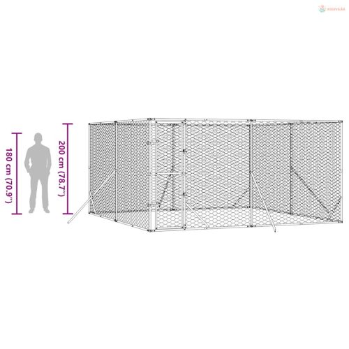 Ezüstszínű kültéri horganyzott acél kutyakennel 4x4x2 m