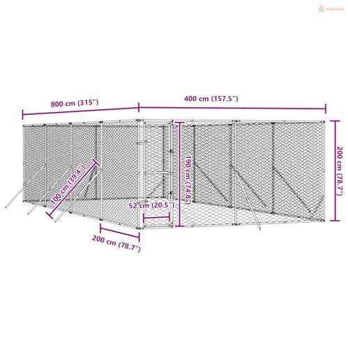 Ezüstszínű kültéri horganyzott acél kutyakennel 4x8x2 m
