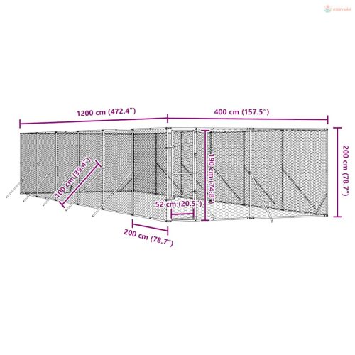 Ezüstszínű kültéri horganyzott acél kutyakennel 4 x 12 x 2 m