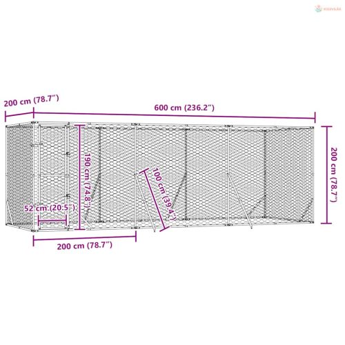 Ezüstszínű kültéri horganyzott acél kutyakennel 6x2x2 m