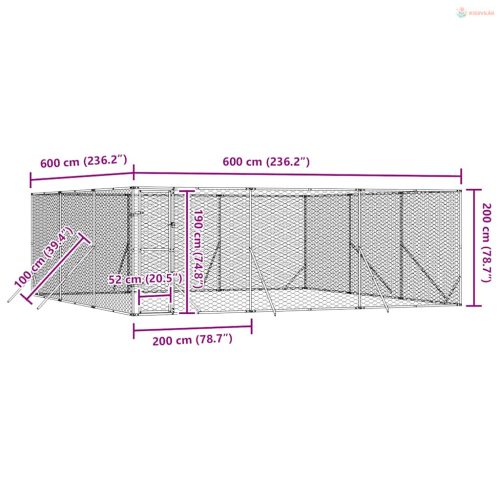 Ezüstszínű kültéri horganyzott acél kutyakennel 6x6x2 m