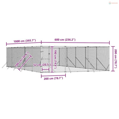 Ezüstszínű kültéri horganyzott acél kutyakennel 6 x 10 x 2 m