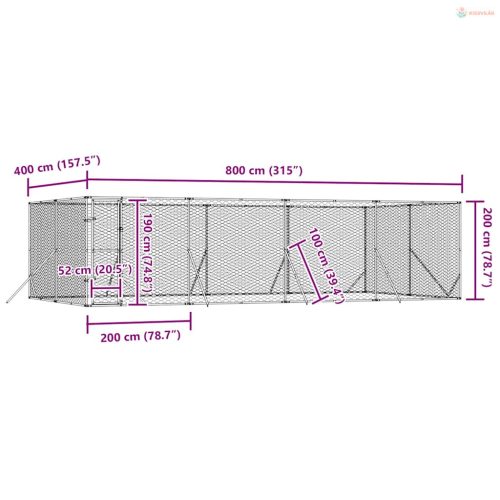 Ezüstszínű kültéri horganyzott acél kutyakennel 8x4x2 m
