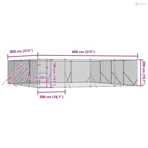 Ezüstszínű kültéri horganyzott acél kutyakennel 8x8x2 m