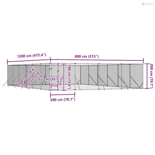 Ezüstszínű kültéri horganyzott acél kutyakennel 8 x 12 x 2 m