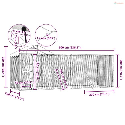 Ezüstszínű horganyzott acél kutyakennel tetővel 6x2x2,5 m