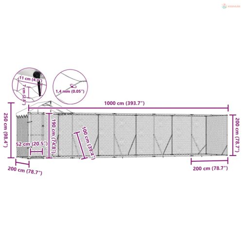 Ezüstszínű horganyzott acél kutyakennel tetővel 10x2x2,5 m