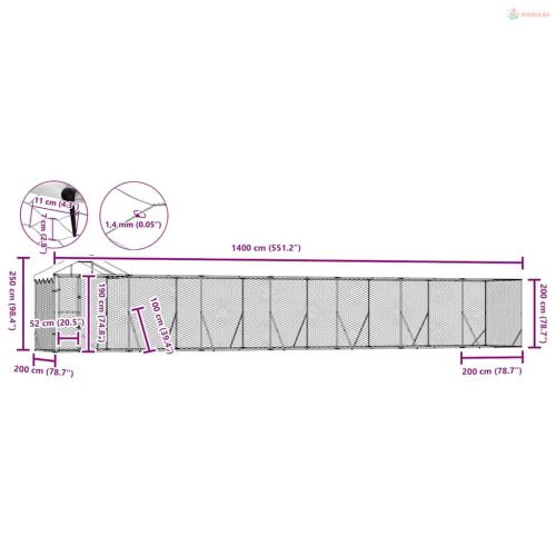 Ezüstszínű horganyzott acél kutyakennel tetővel 14x2x2,5 m