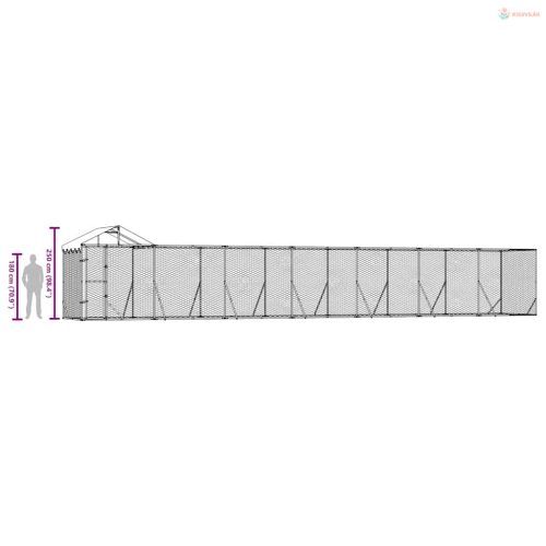 Ezüstszínű horganyzott acél kutyakennel tetővel 14x2x2,5 m
