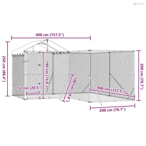 Ezüstszínű horganyzott acél kutyakennel tetővel 4x4x2,5 m