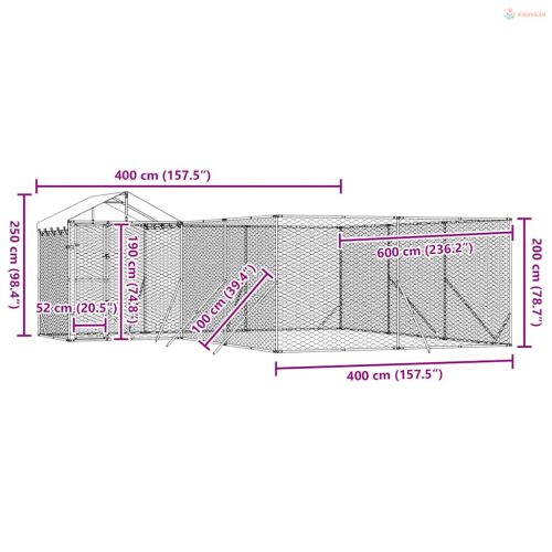Ezüstszínű horganyzott acél kutyakennel tetővel 6x6x2,5 m