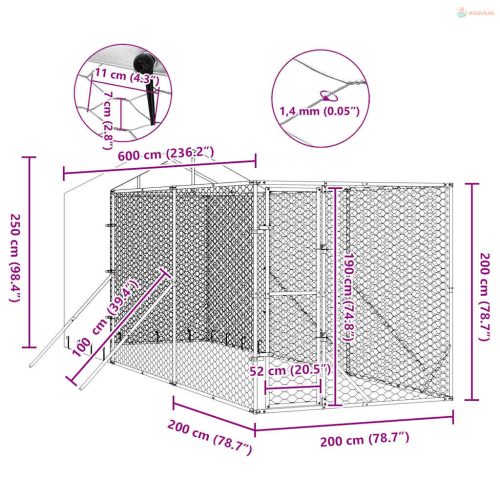 Ezüstszínű horganyzott acél kutyakennel tetővel 2x6x2,5 m