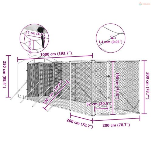Ezüstszínű horganyzott acél kutyakennel tetővel 2x10x2,5 m