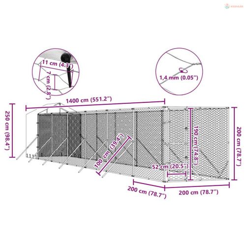 Ezüstszínű horganyzott acél kutyakennel tetővel 2x14x2,5 m