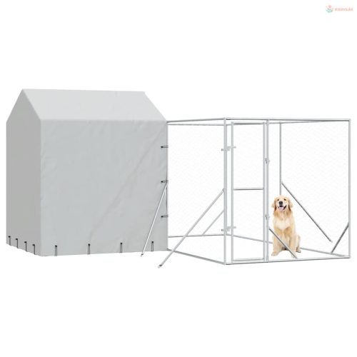 Ezüstszínű horganyzott acél kutyakennel tetővel 4x4x2,5 m