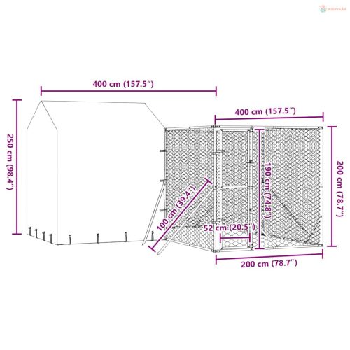 Ezüstszínű horganyzott acél kutyakennel tetővel 4x4x2,5 m