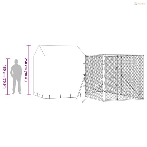 Ezüstszínű horganyzott acél kutyakennel tetővel 4x4x2,5 m