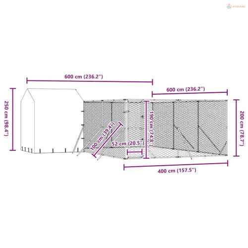 Ezüstszínű horganyzott acél kutyakennel tetővel 6x6x2,5 m