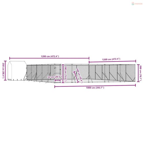 Ezüstszínű horganyzott acél kutyakennel tetővel 12x12x2,5 m