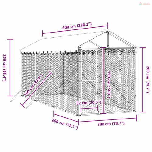 Ezüstszínű horganyzott acél kutyakennel tetővel 2x6x2,5 m