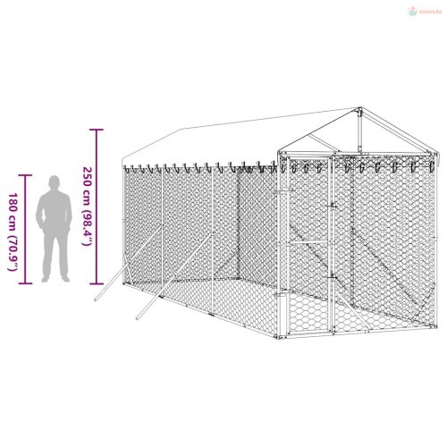 Ezüstszínű horganyzott acél kutyakennel tetővel 2x6x2,5 m