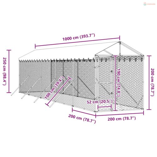 Ezüstszínű horganyzott acél kutyakennel tetővel 2x10x2,5 m