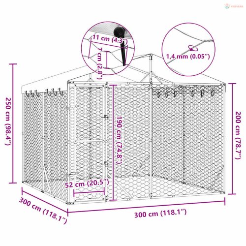 Ezüstszínű horganyzott acél kutyakennel tetővel 3x3x2,5 m