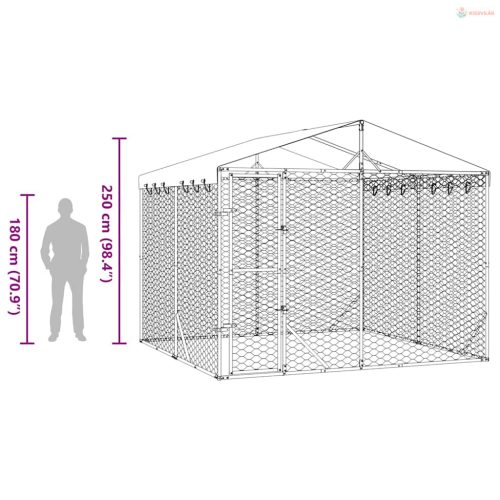 Ezüstszínű horganyzott acél kutyakennel tetővel 3x3x2,5 m