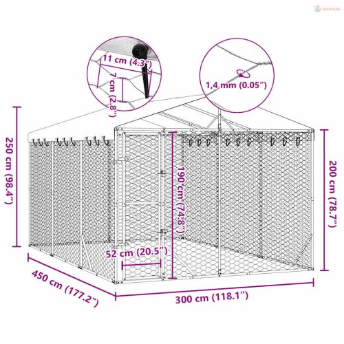 Ezüstszínű horganyzott acél kutyakennel tetővel 3x4,5x2,5 m