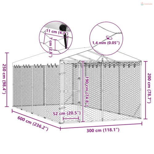 Ezüstszínű horganyzott acél kutyakennel tetővel 3x6x2,5 m