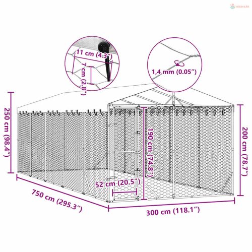 Ezüstszínű horganyzott acél kutyakennel tetővel 3x7,5x2,5 m