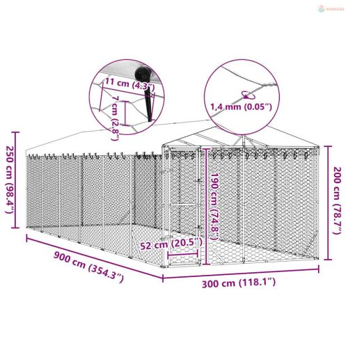 Ezüstszínű horganyzott acél kutyakennel tetővel 3x9x2,5 m