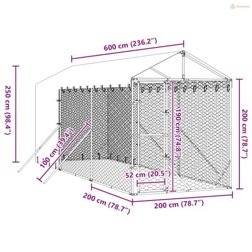 Ezüstszínű horganyzott acél kutyakennel tetővel 2x6x2,5 m