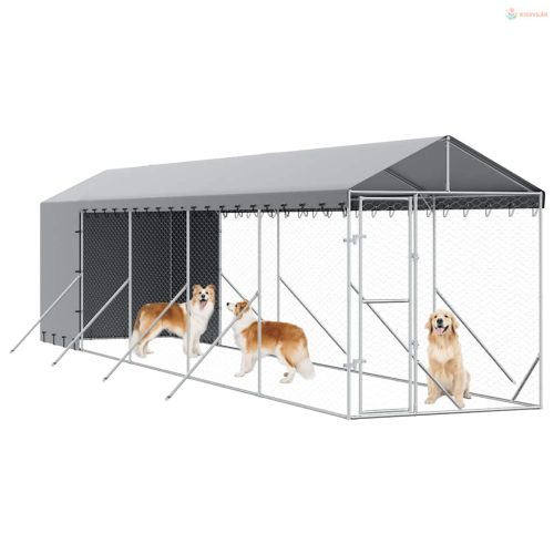 Ezüstszínű horganyzott acél kutyakennel tetővel 2x10x2,5 m
