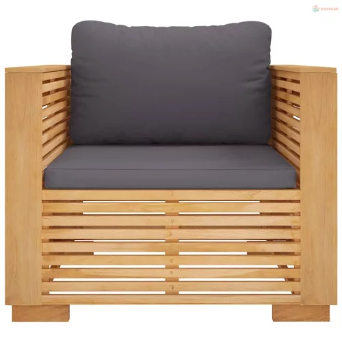 Tömör tíkfa kerti kanapéfotel sötétszürke párnákkal