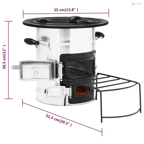 Ezüstszínű acél fatüzelésű kempingtűzhely 51,5 x 35 x 30,5 cm