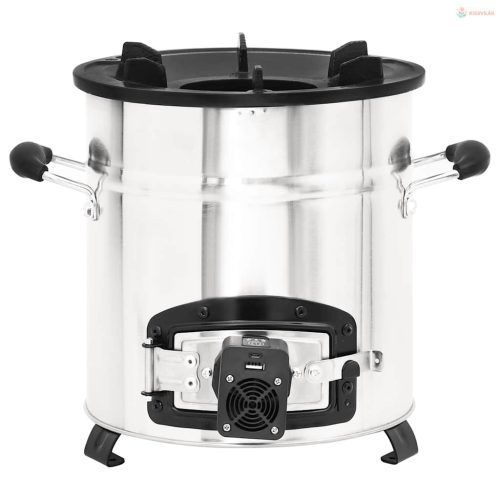 Ezüst acél fatüzelésű tűzhely USB-s légfúvóval 35,5x26x28 cm