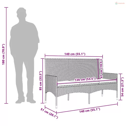 3 személyes szürke polyrattan kerti kanapé párnával