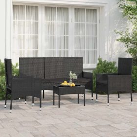   4 részes fekete polyrattan kerti ülőgarnitúra párnákkal