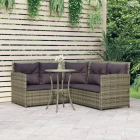   2 részes L-alakú szürke polyrattan kanapészett párnákkal