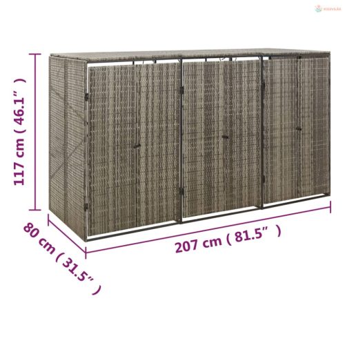 Szürke polyrattan hármas kerekeskuka tárolófészer 207x80x117 cm