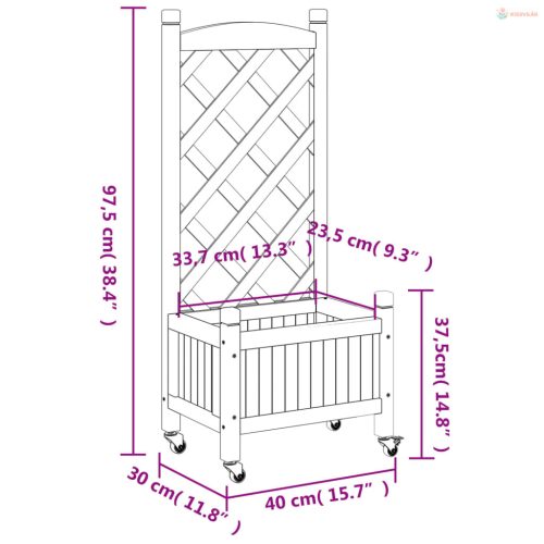Barna tömör fenyőfa rácsos virágláda kerekekkel