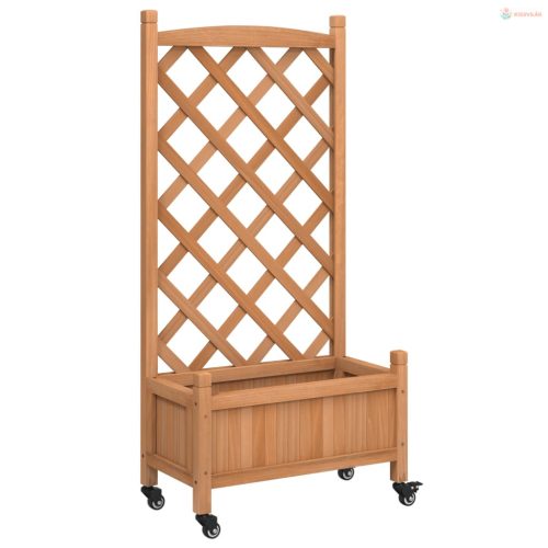 Barna tömör fenyőfa rácsos virágláda kerekekkel