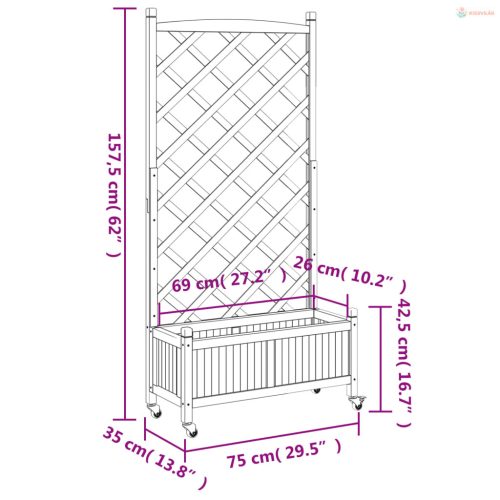 Barna tömör fenyőfa rácsos virágláda kerekekkel
