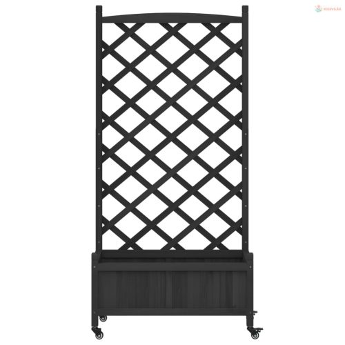 Fekete tömör fenyőfa rácsos virágláda kerekekkel