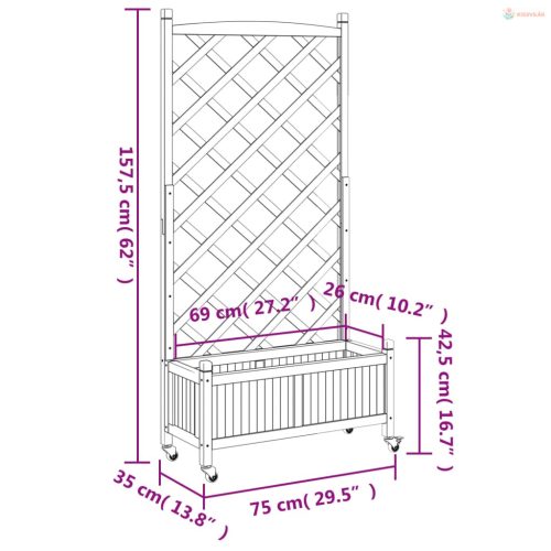 Fekete tömör fenyőfa rácsos virágláda kerekekkel