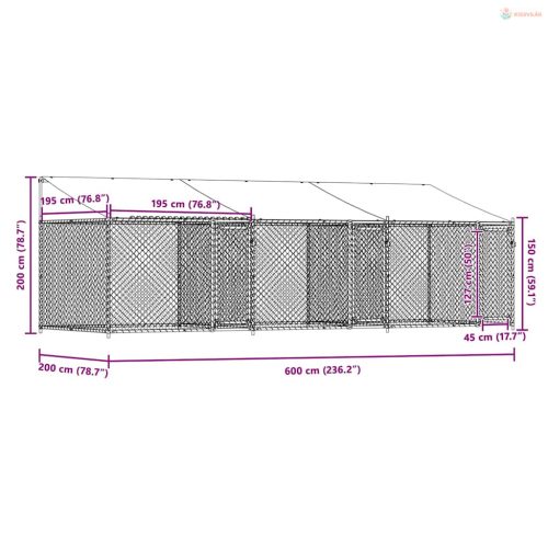Szürke horganyzott acél kutyaketrec tetővel és ajtókkal 6x2x2 m