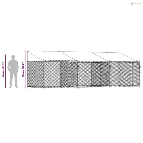 Szürke horganyzott acél kutyaketrec tetővel és ajtókkal 6x2x2 m