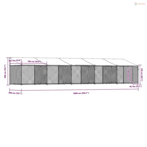 Szürke horganyzott acél kutyaketrec tetővel és ajtókkal 10x2x2m